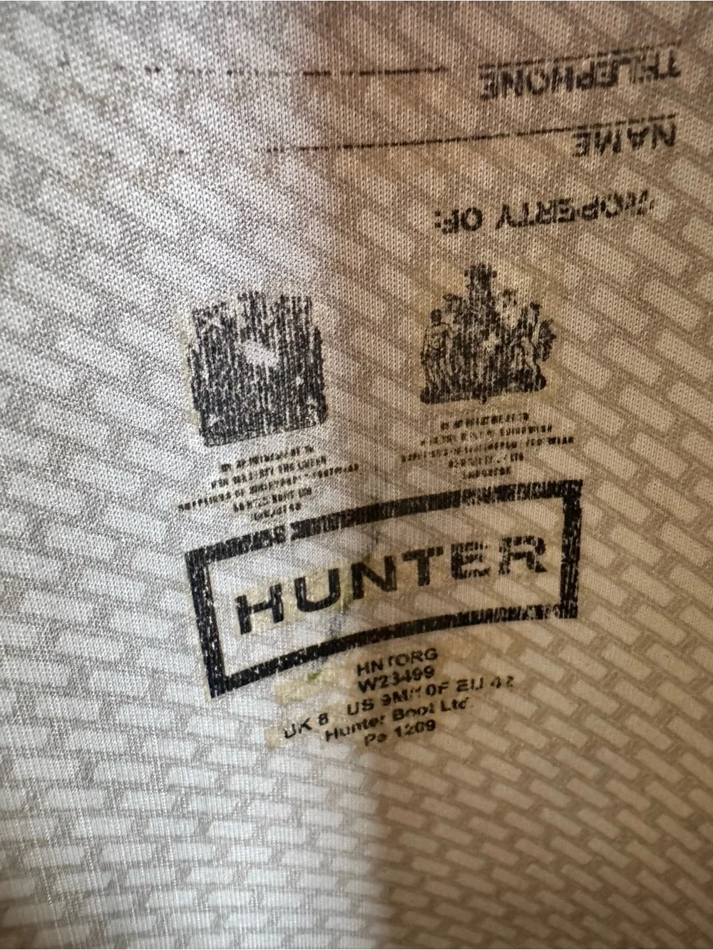 Hunter Beige Lined Rain Boot Interior Label